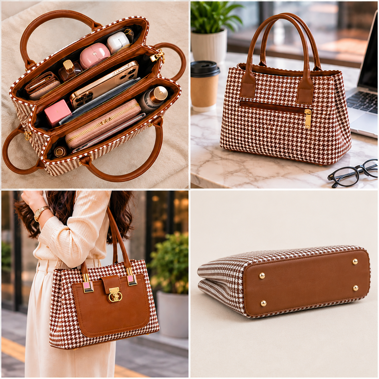 CLASSIC HOUNDS TOOTH TRIPLE ORGANIZED TOTE BAG (3Z)