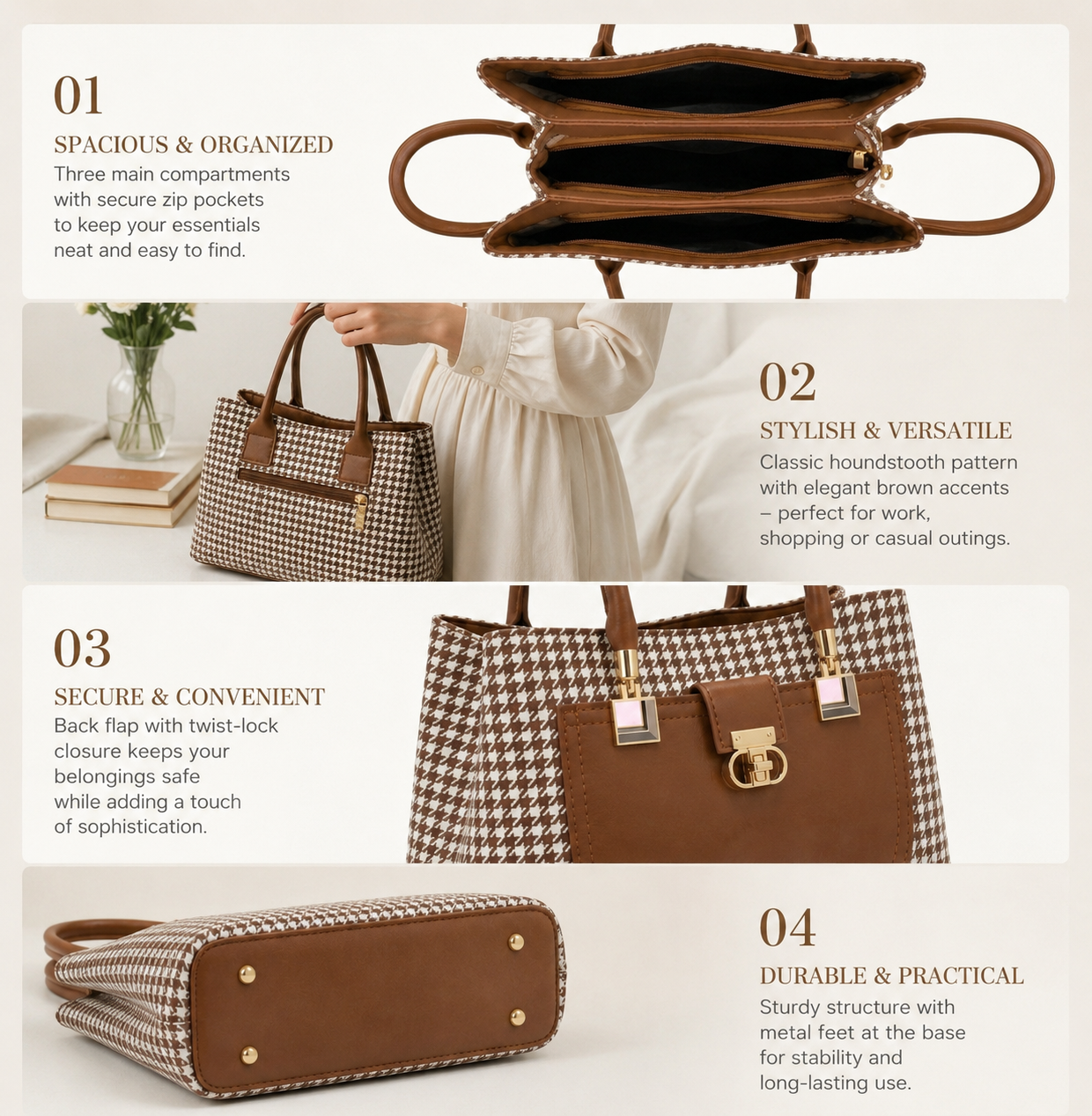 CLASSIC HOUNDS TOOTH TRIPLE ORGANIZED TOTE BAG (3Z)