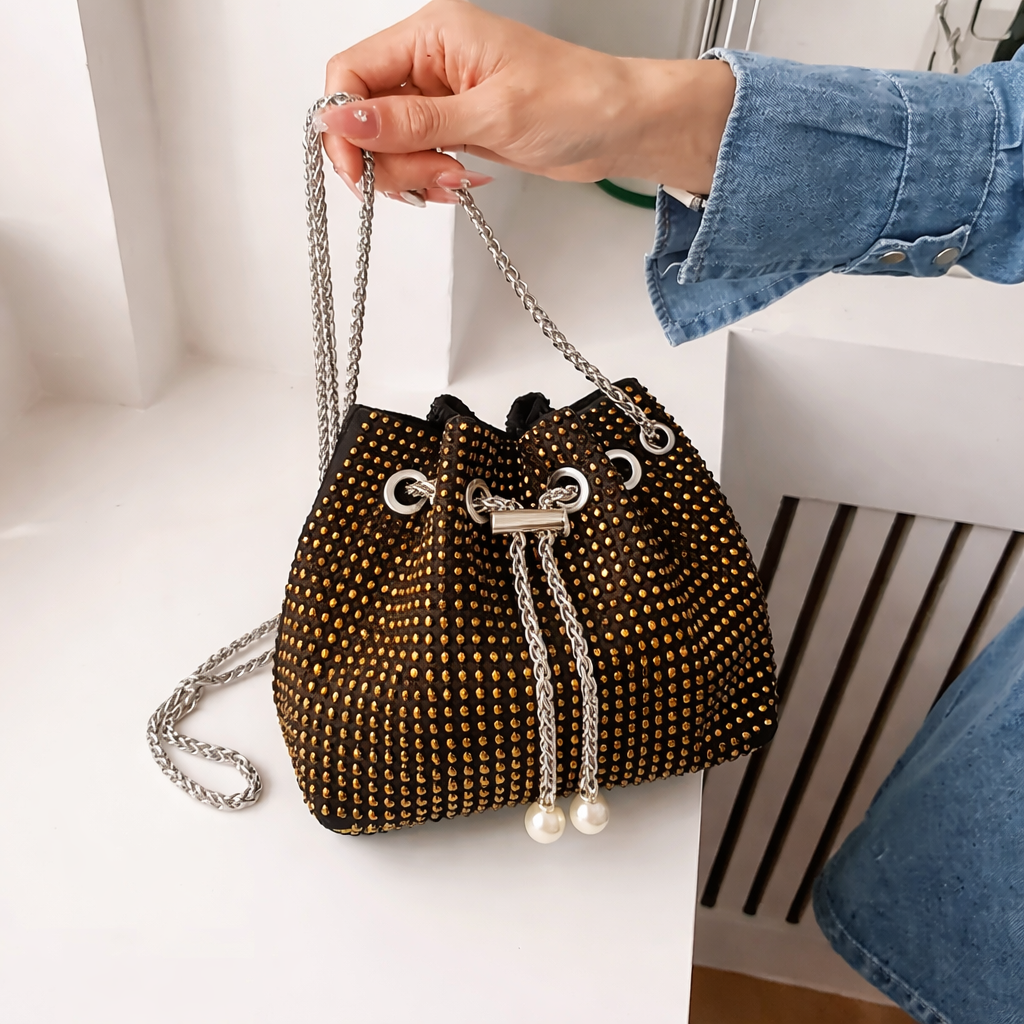 IMPORTED GOLD STUDDED BUCKET CHAIN BAG( BKT)